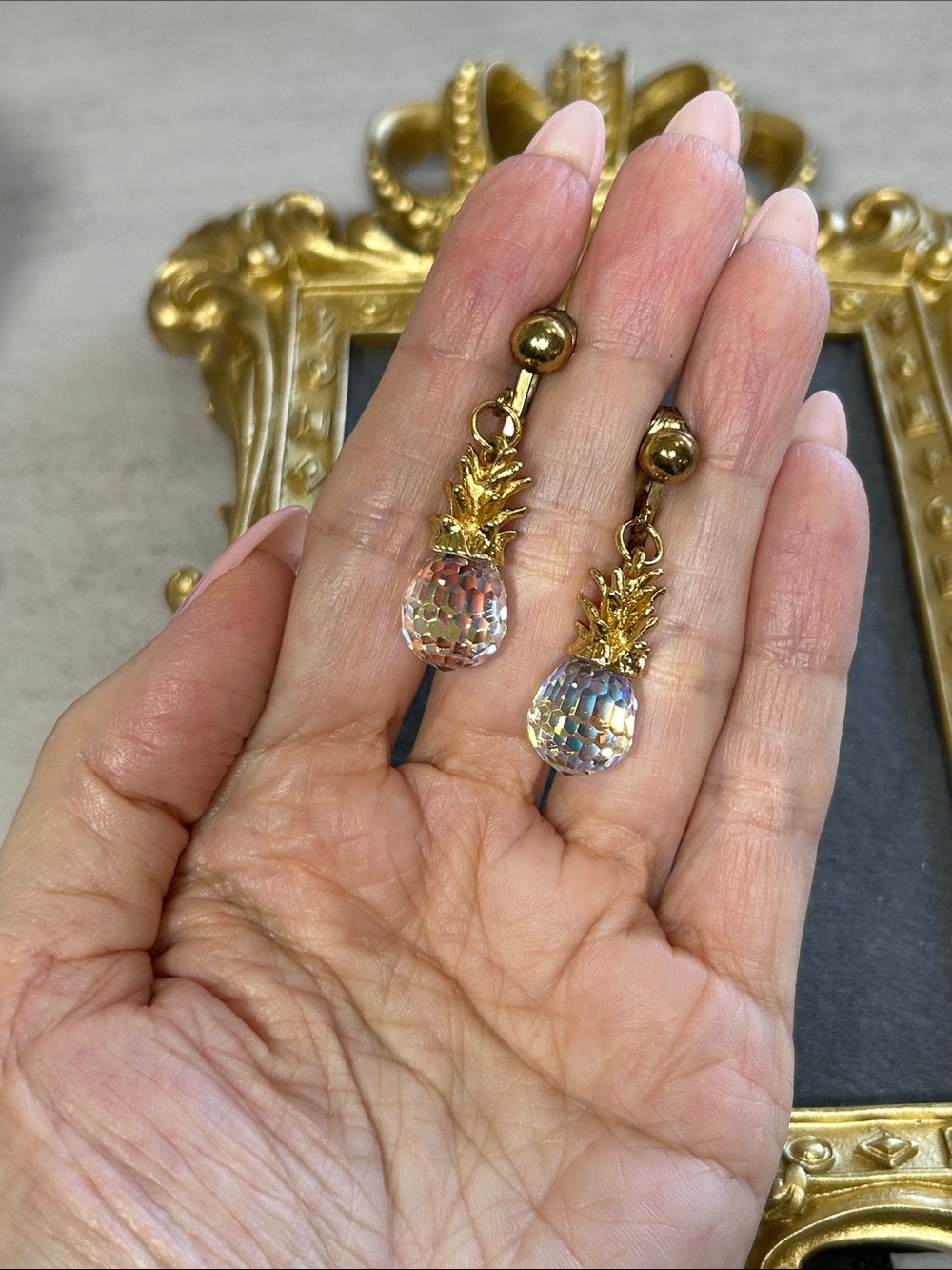 Gold Pineapple Drop Clip-On Earrings with Iridescent Crystals